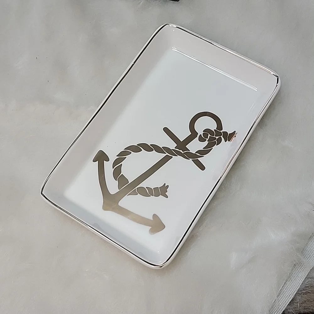 J.CREW NeW White Silver Printed Anchor Nautical Preppy Boho Jewelry Trinket Tray